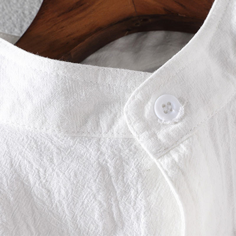 Camicia da uomo in cotone e lino, monopetto, casual, vintage, con maniche a tre quarti, con taschino, Buddha Stones