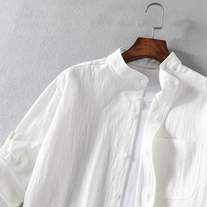 Camicia da uomo in cotone e lino, monopetto, casual, vintage, con maniche a tre quarti, con taschino, Buddha Stones
