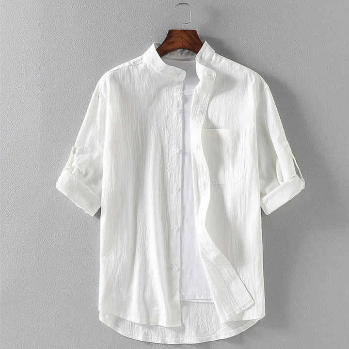 Camicia da uomo in cotone e lino, monopetto, casual, vintage, con maniche a tre quarti, con taschino, Buddha Stones