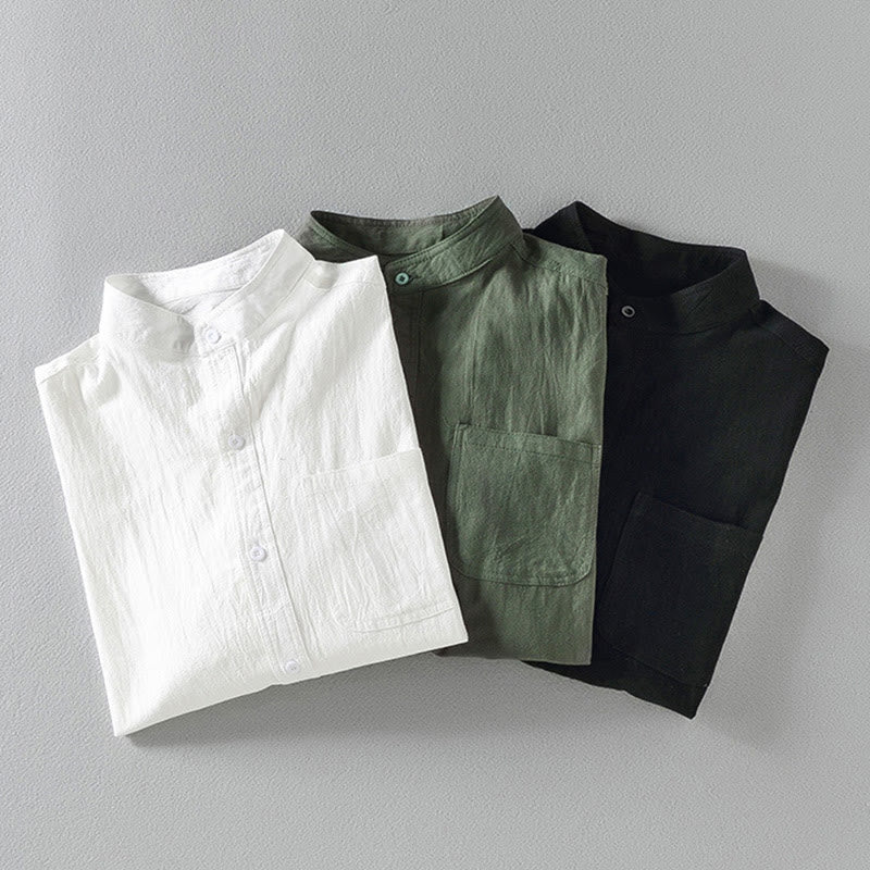 Camicia da uomo in cotone e lino, monopetto, casual, vintage, con maniche a tre quarti, con taschino, Buddha Stones