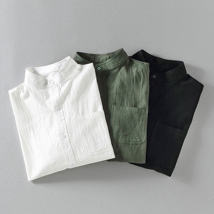 Camicia da uomo in cotone e lino, monopetto, casual, vintage, con maniche a tre quarti, con taschino, Buddha Stones