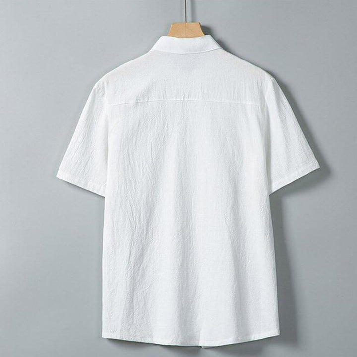 Camicia da uomo in cotone e lino a maniche corte, monopetto, tinta unita, con stampa Buddha Stones Daily e tasche - image 2