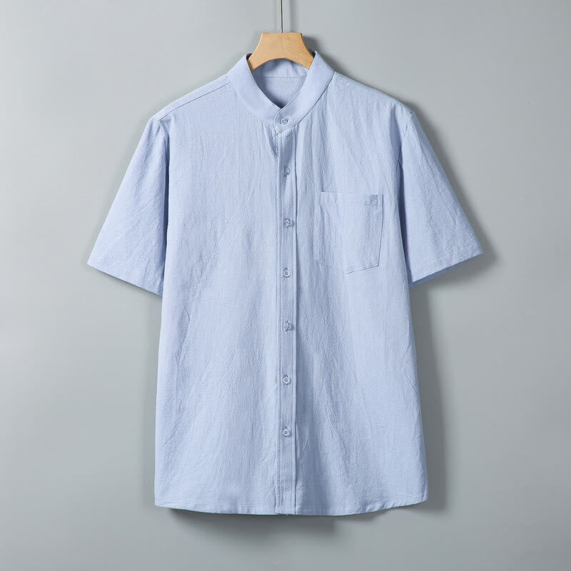 Camicia da uomo in cotone e lino a maniche corte, monopetto, tinta unita, con stampa Buddha Stones Daily e tasche - AzzurroCielo Chiaro - US/UK/AU46, EU56 (5XL) - image 13