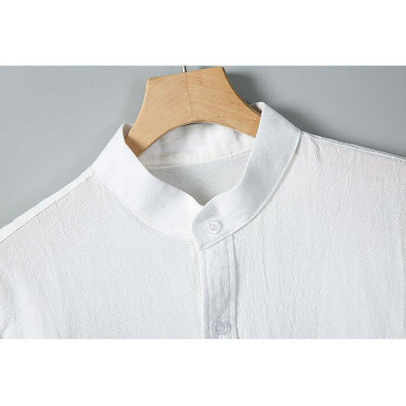 Camicia da uomo in cotone e lino a maniche corte, monopetto, tinta unita, con stampa Buddha Stones Daily e tasche - image 3