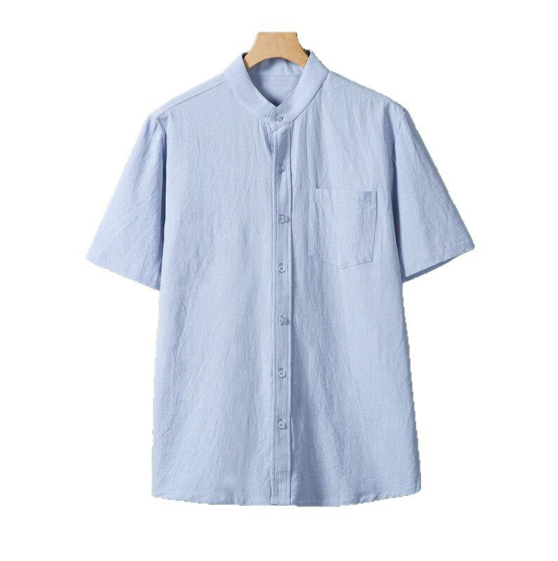 Camicia da uomo in cotone e lino a maniche corte, monopetto, tinta unita, con stampa Buddha Stones Daily e tasche - image 14