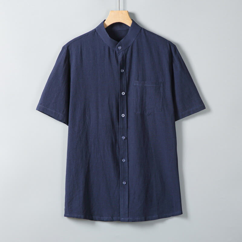 Camicia da uomo in cotone e lino a maniche corte, monopetto, tinta unita, con stampa Buddha Stones Daily e tasche - Marina - US/UK/AU46, EU56 (5XL) - image 15