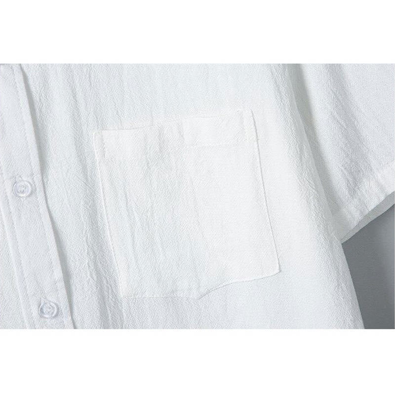 Camicia da uomo in cotone e lino a maniche corte, monopetto, tinta unita, con stampa Buddha Stones Daily e tasche - image 5