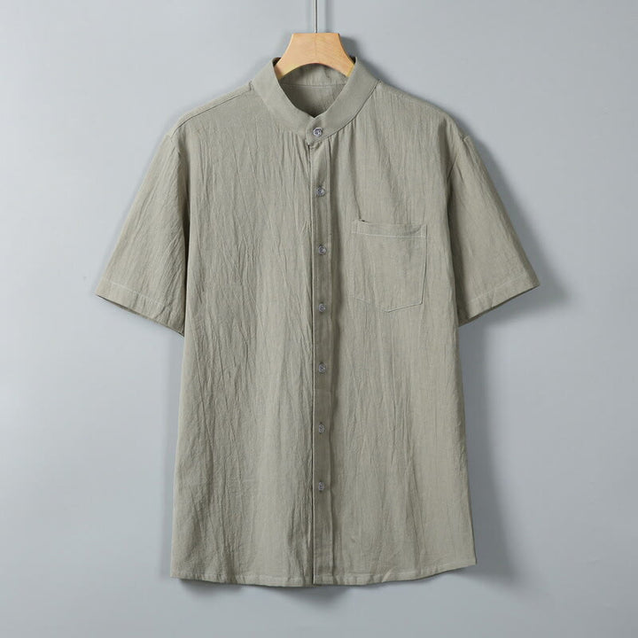 Camicia da uomo in cotone e lino a maniche corte, monopetto, tinta unita, con stampa Buddha Stones Daily e tasche - Cachi scuro - US/UK/AU46, EU56 (5XL) - image 12