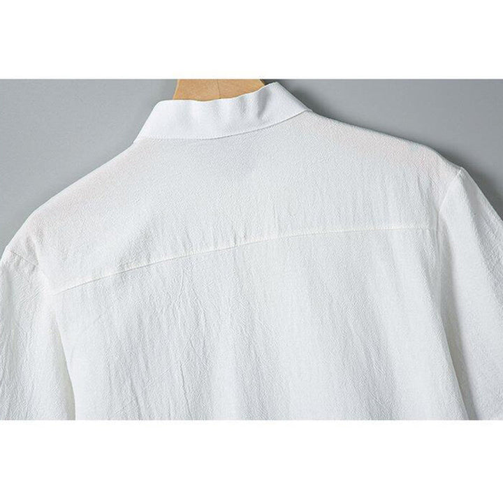 Camicia da uomo in cotone e lino a maniche corte, monopetto, tinta unita, con stampa Buddha Stones Daily e tasche - image 4