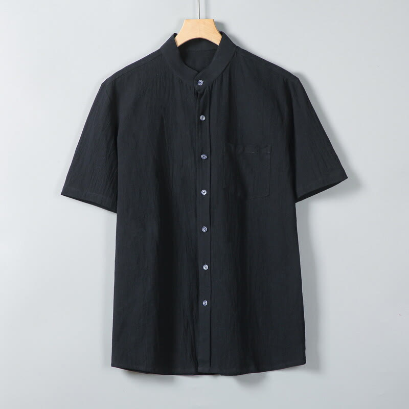 Camicia da uomo in cotone e lino a maniche corte, monopetto, tinta unita, con stampa Buddha Stones Daily e tasche - Nero - US/UK/AU46, EU56 (5XL) - image 8