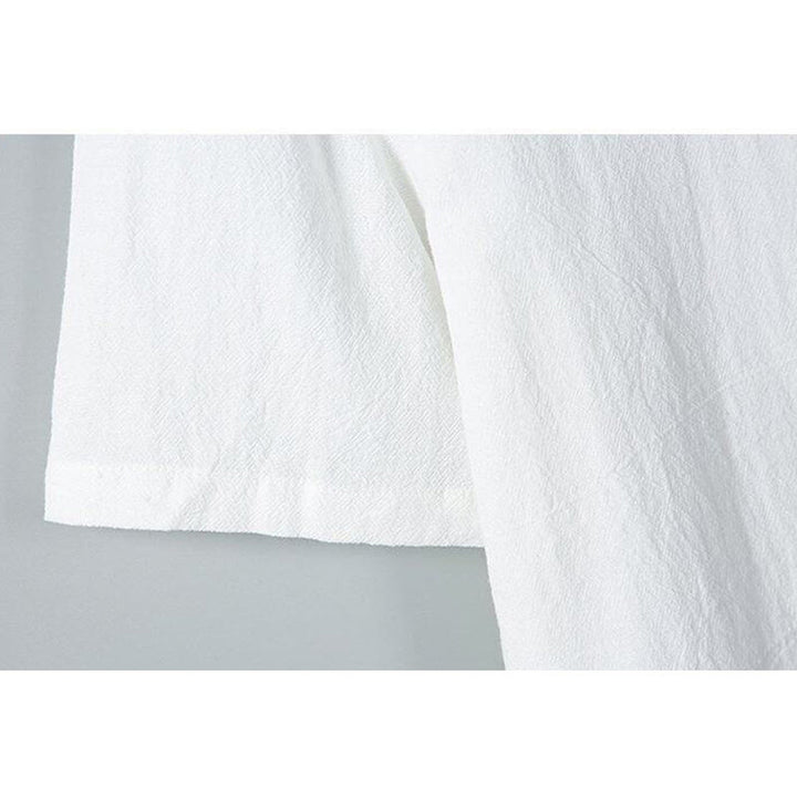 Camicia da uomo in cotone e lino a maniche corte, monopetto, tinta unita, con stampa Buddha Stones Daily e tasche - image 7