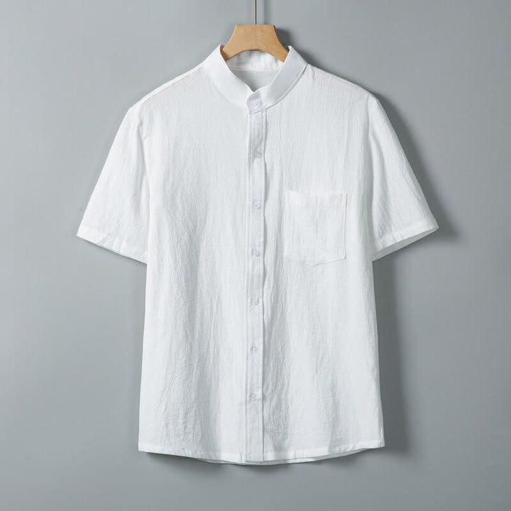 Camicia da uomo in cotone e lino a maniche corte, monopetto, tinta unita, con stampa Buddha Stones Daily e tasche - Bianco - US/UK/AU46, EU56 (5XL) - image 1