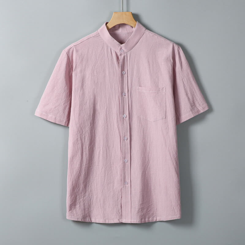 Camicia da uomo in cotone e lino a maniche corte, monopetto, tinta unita, con stampa Buddha Stones Daily e tasche - Rosa - US/UK/AU46, EU56 (5XL) - image 10