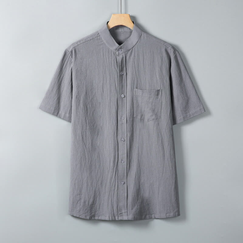 Camicia da uomo in cotone e lino a maniche corte, monopetto, tinta unita, con stampa Buddha Stones Daily e tasche - Grigio scuro - US/UK/AU46, EU56 (5XL) - image 0