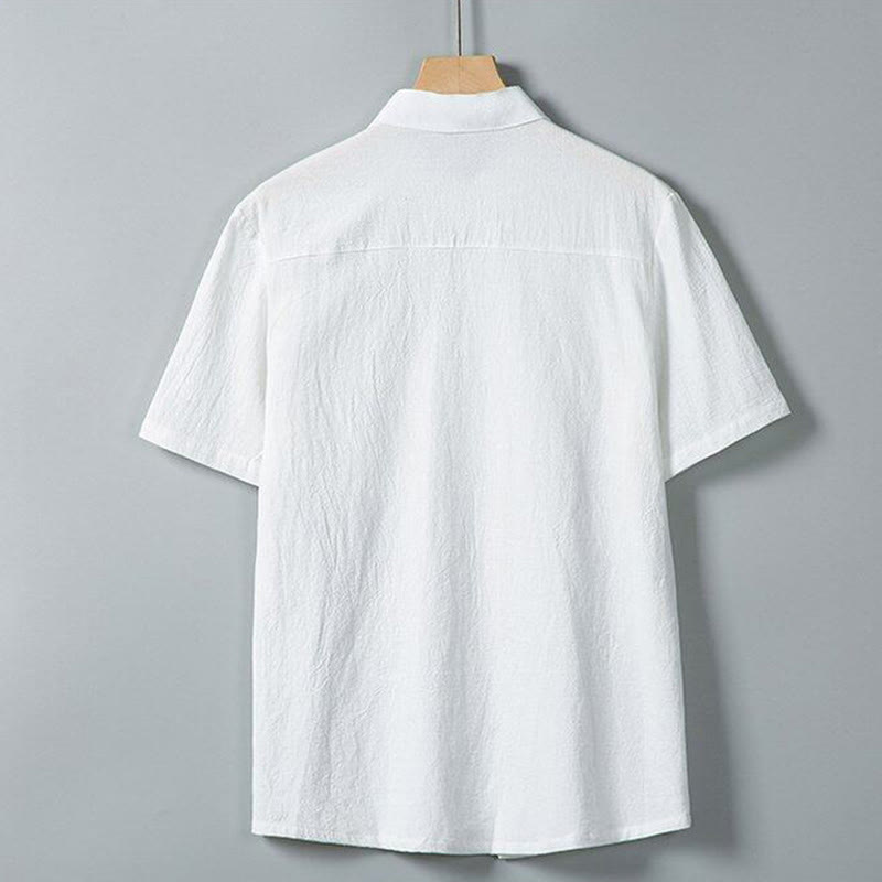 Camicia da uomo in cotone e lino a maniche corte, monopetto, tinta unita, con stampa Buddha Stones Daily e tasche - image 2