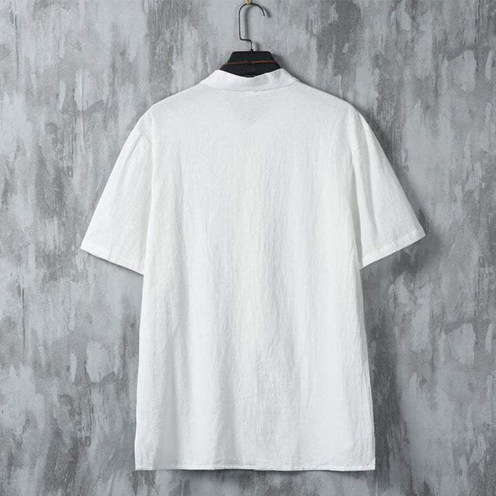 Camicia da uomo in cotone e lino a maniche corte, casual, semplice, con bottoni cinesi a forma di rana, modello Buddha Stones - image 2