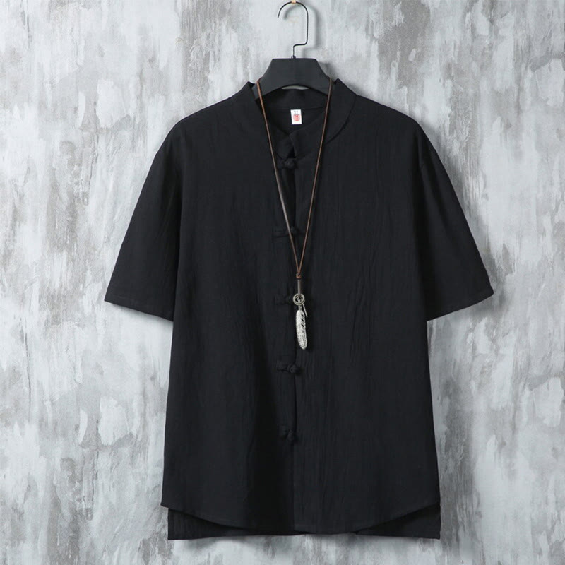 Camicia da uomo in cotone e lino a maniche corte, casual, semplice, con bottoni cinesi a forma di rana, modello Buddha Stones - Nero - US/UK/AU46, EU56 (5XL) - image 10