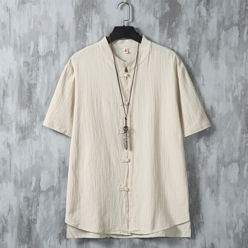 Camicia da uomo in cotone e lino a maniche corte, casual, semplice, con bottoni cinesi a forma di rana, modello Buddha Stones - Verga d'oro chiaraGiallo - US/UK/AU46, EU56 (5XL) - image 0
