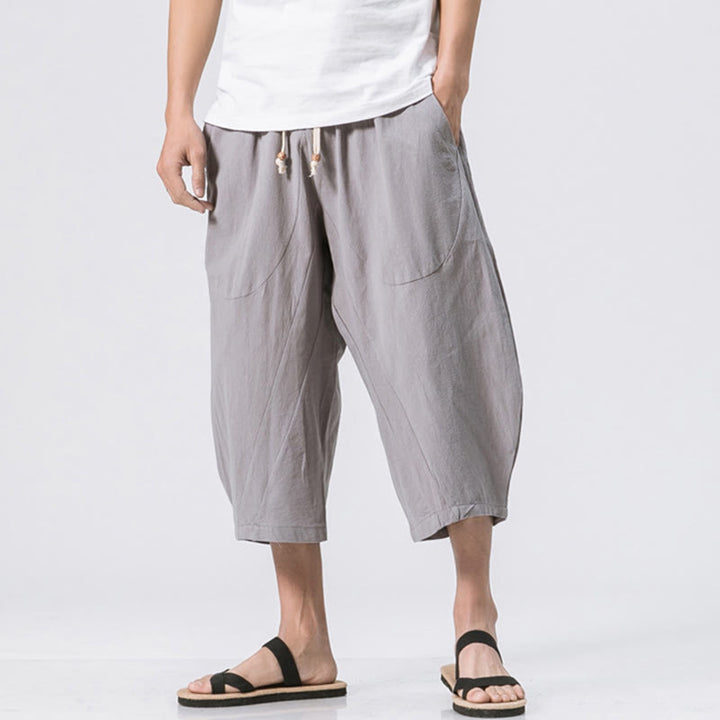 Pantaloni da uomo in cotone e lino con coulisse, con tasche, modello Buddha Stones, casual, estivi, semplici e semplici, lunghezza 7-8