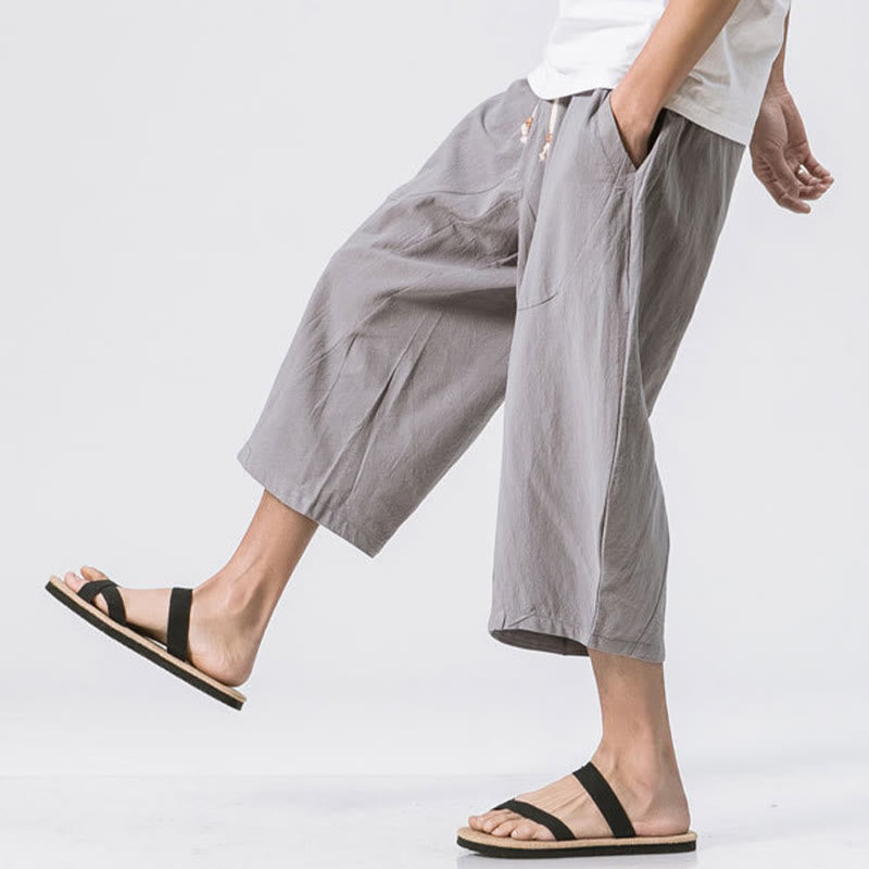 Pantaloni da uomo in cotone e lino con coulisse, con tasche, modello Buddha Stones, casual, estivi, semplici e semplici, lunghezza 7-8
