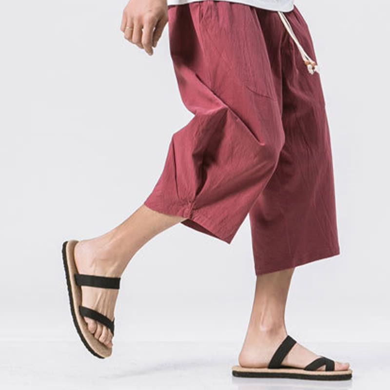 Pantaloni da uomo in cotone e lino con coulisse, con tasche, modello Buddha Stones, casual, estivi, semplici e semplici, lunghezza 7-8