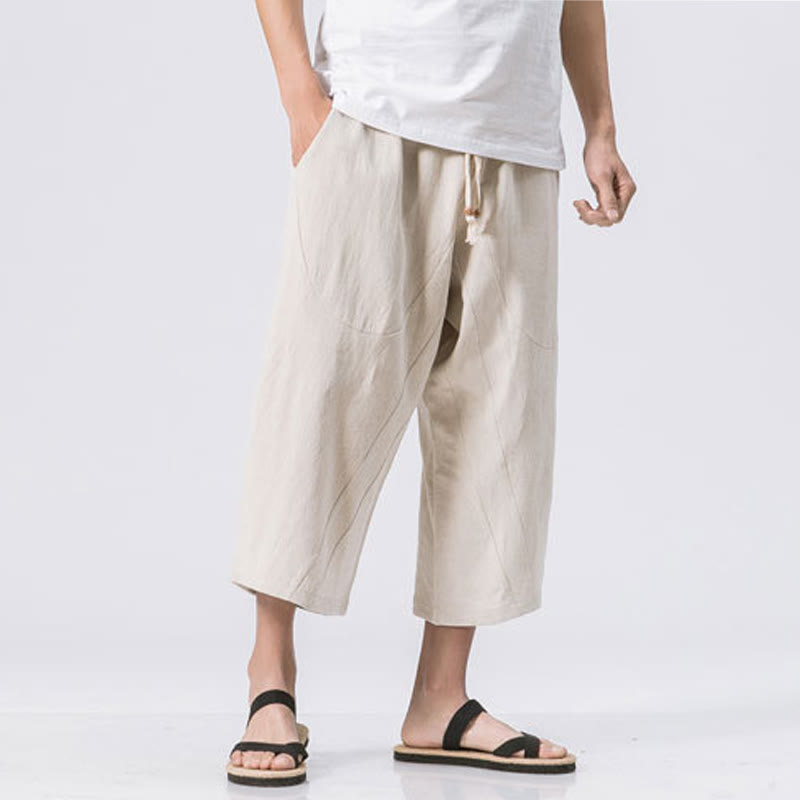 Pantaloni da uomo in cotone e lino con coulisse, con tasche, modello Buddha Stones, casual, estivi, semplici e semplici, lunghezza 7-8