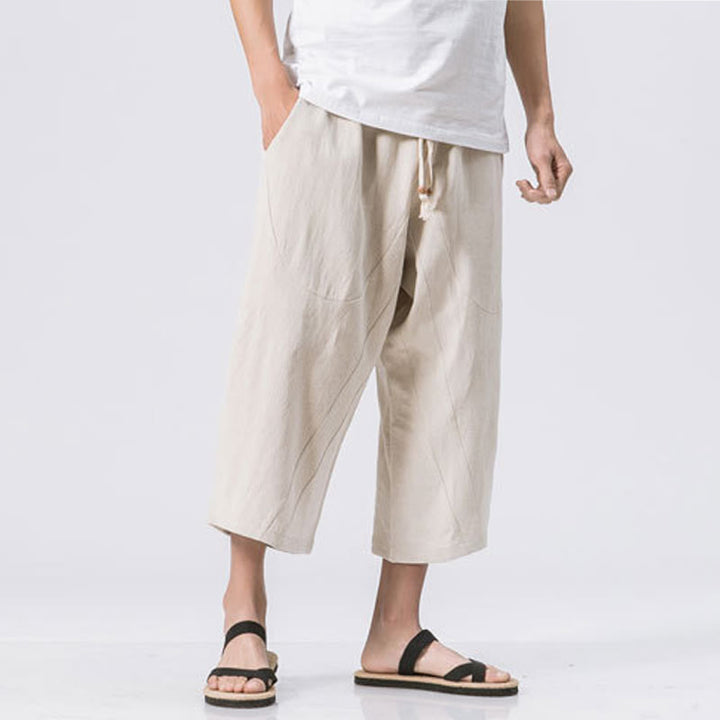Pantaloni da uomo in cotone e lino con coulisse, con tasche, modello Buddha Stones, casual, estivi, semplici e semplici, lunghezza 7-8
