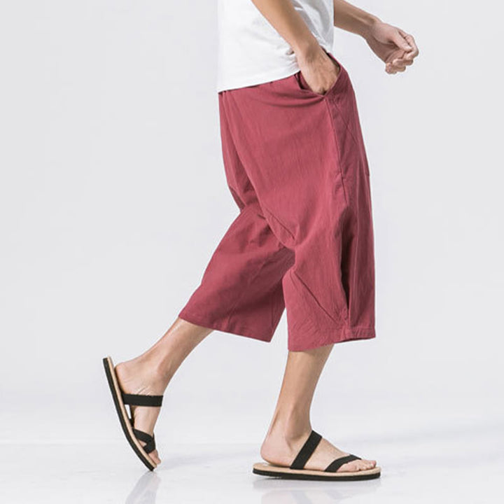 Pantaloni da uomo in cotone e lino con coulisse, con tasche, modello Buddha Stones, casual, estivi, semplici e semplici, lunghezza 7-8