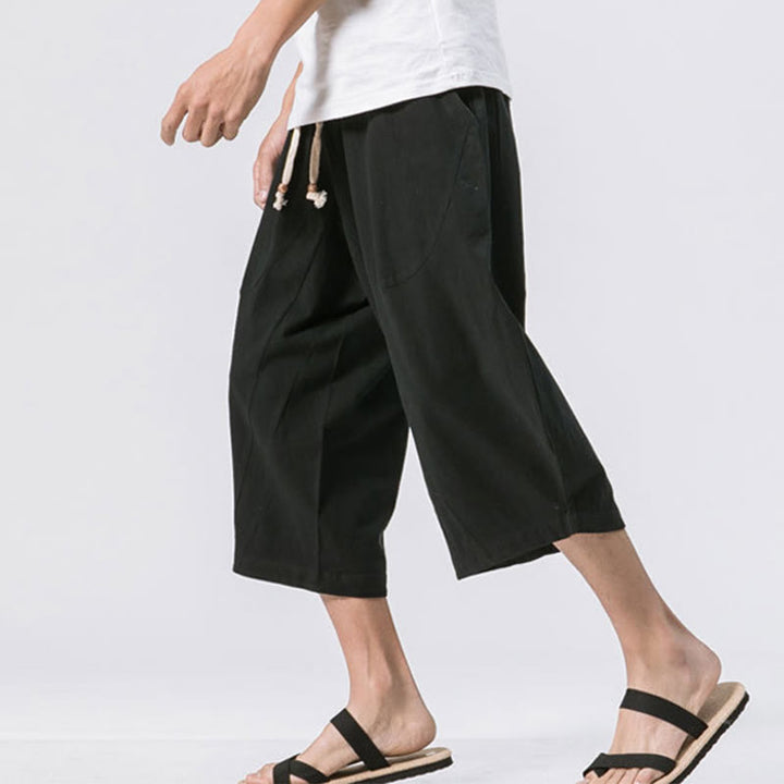 Pantaloni da uomo in cotone e lino con coulisse, con tasche, modello Buddha Stones, casual, estivi, semplici e semplici, lunghezza 7-8