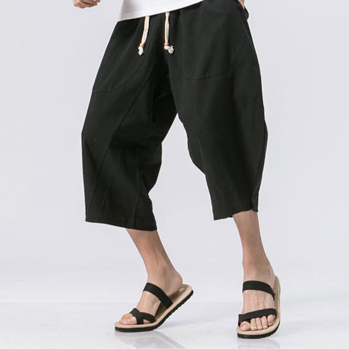 Pantaloni da uomo in cotone e lino con coulisse, con tasche, modello Buddha Stones, casual, estivi, semplici e semplici, lunghezza 7-8