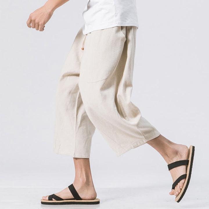 Pantaloni da uomo in cotone e lino con coulisse, con tasche, modello Buddha Stones, casual, estivi, semplici e semplici, lunghezza 7-8
