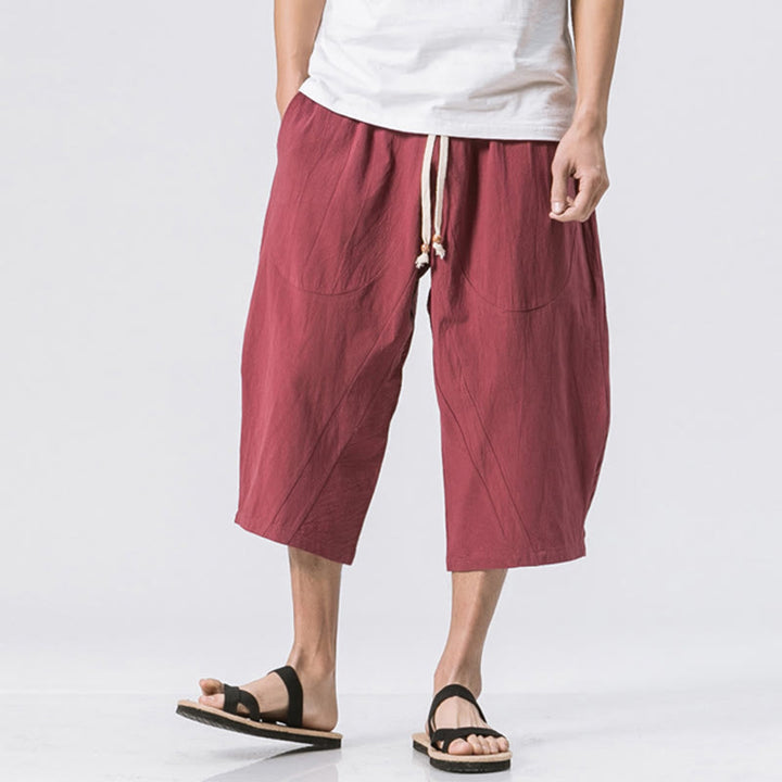 Pantaloni da uomo in cotone e lino con coulisse, con tasche, modello Buddha Stones, casual, estivi, semplici e semplici, lunghezza 7-8