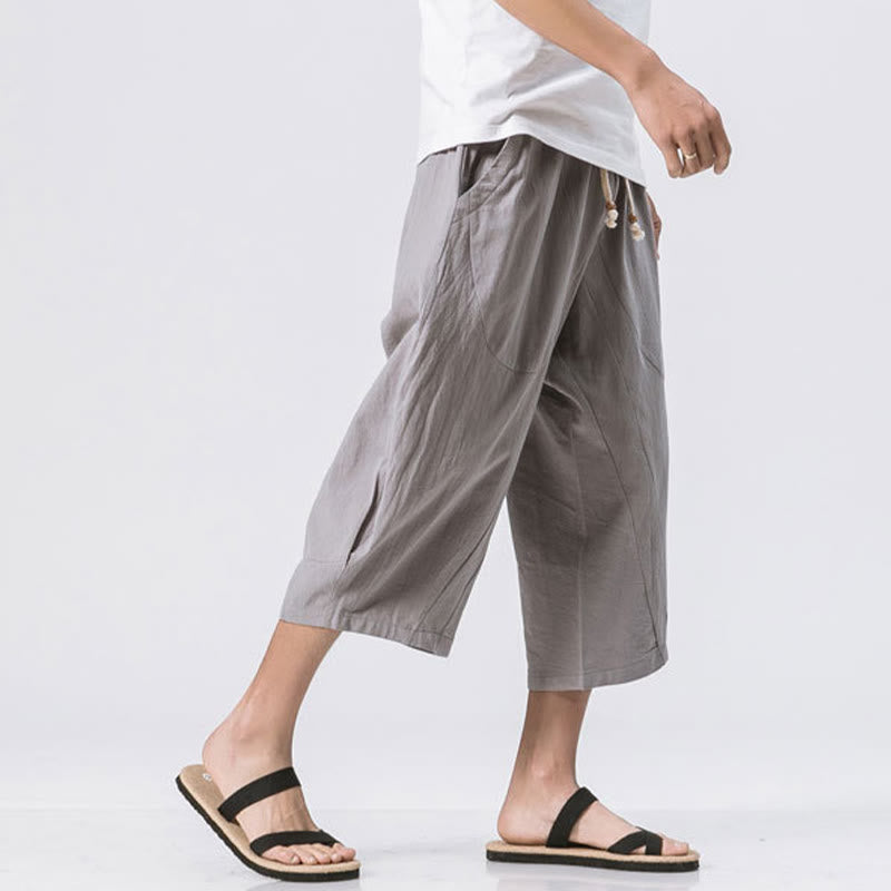 Pantaloni da uomo in cotone e lino con coulisse, con tasche, modello Buddha Stones, casual, estivi, semplici e semplici, lunghezza 7-8