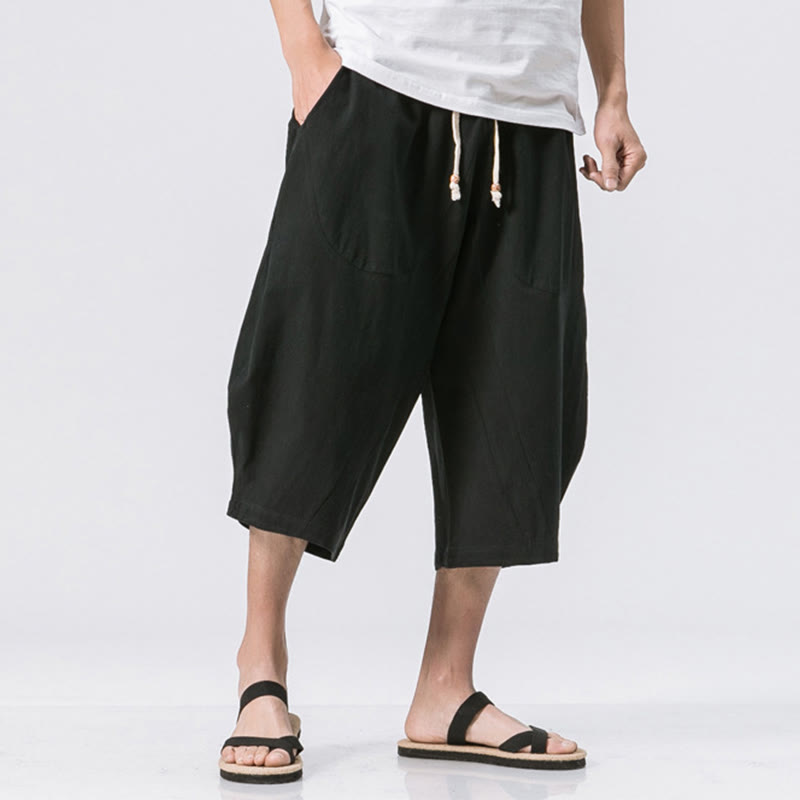 Pantaloni da uomo in cotone e lino con coulisse, con tasche, modello Buddha Stones, casual, estivi, semplici e semplici, lunghezza 7-8