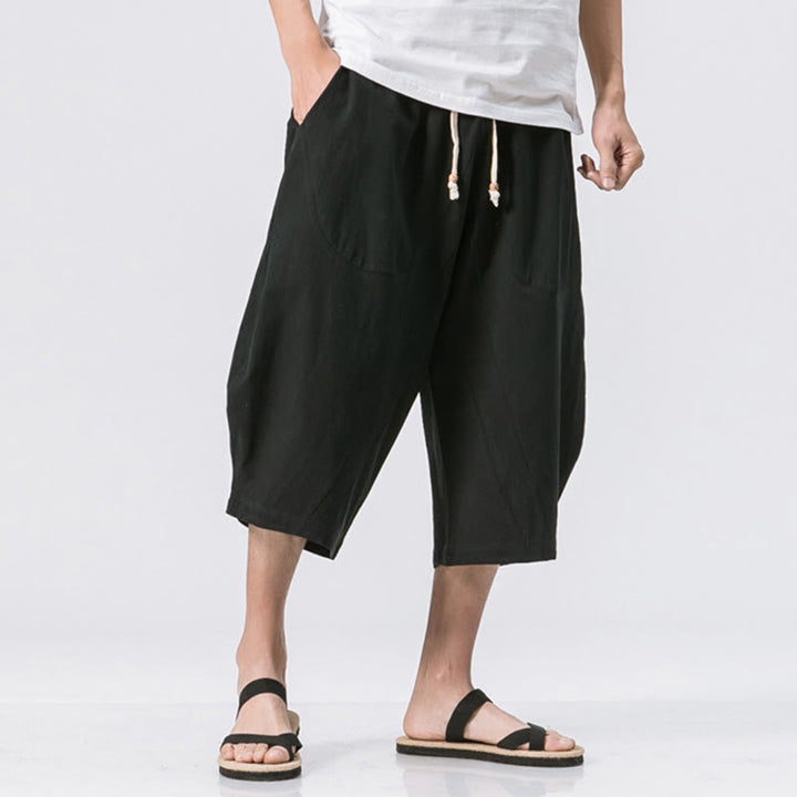 Pantaloni da uomo in cotone e lino con coulisse, con tasche, modello Buddha Stones, casual, estivi, semplici e semplici, lunghezza 7-8