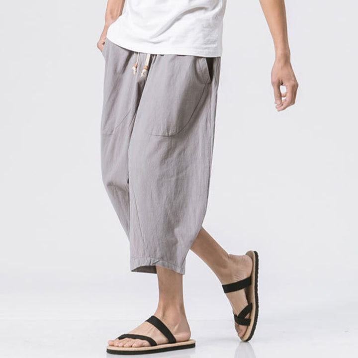 Pantaloni da uomo in cotone e lino con coulisse, con tasche, modello Buddha Stones, casual, estivi, semplici e semplici, lunghezza 7-8