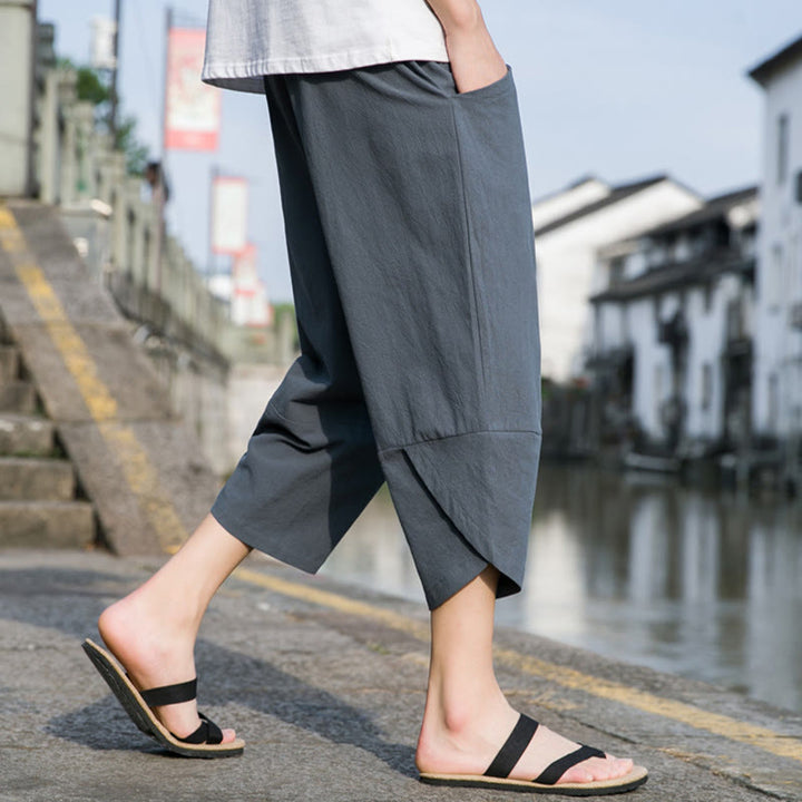 Pantaloni da uomo in lino e cotone, con coulisse, lunghezza 7-8, con tasche, modello Buddha Stones, casual, semplici e semplici, con design affusolato.