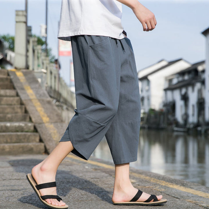 Pantaloni da uomo in lino e cotone, con coulisse, lunghezza 7-8, con tasche, modello Buddha Stones, casual, semplici e semplici, con design affusolato. - image 3