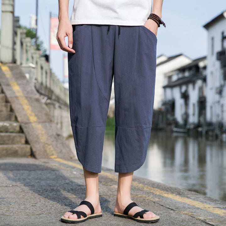 Pantaloni da uomo in lino e cotone, con coulisse, lunghezza 7-8, con tasche, modello Buddha Stones, casual, semplici e semplici, con design affusolato.