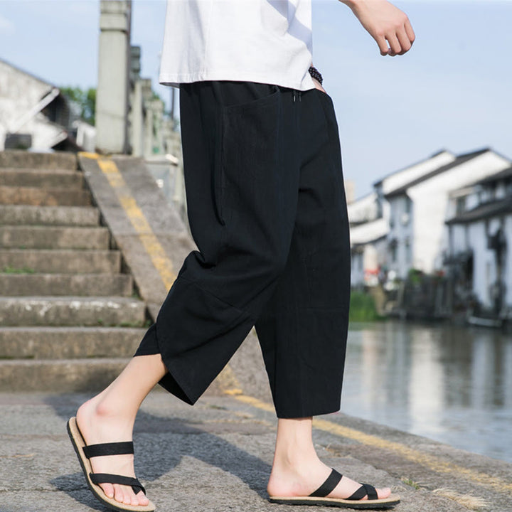 Pantaloni da uomo in lino e cotone, con coulisse, lunghezza 7-8, con tasche, modello Buddha Stones, casual, semplici e semplici, con design affusolato.