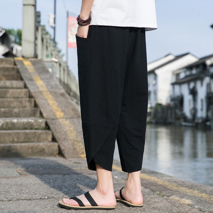 Pantaloni da uomo in lino e cotone, con coulisse, lunghezza 7-8, con tasche, modello Buddha Stones, casual, semplici e semplici, con design affusolato.