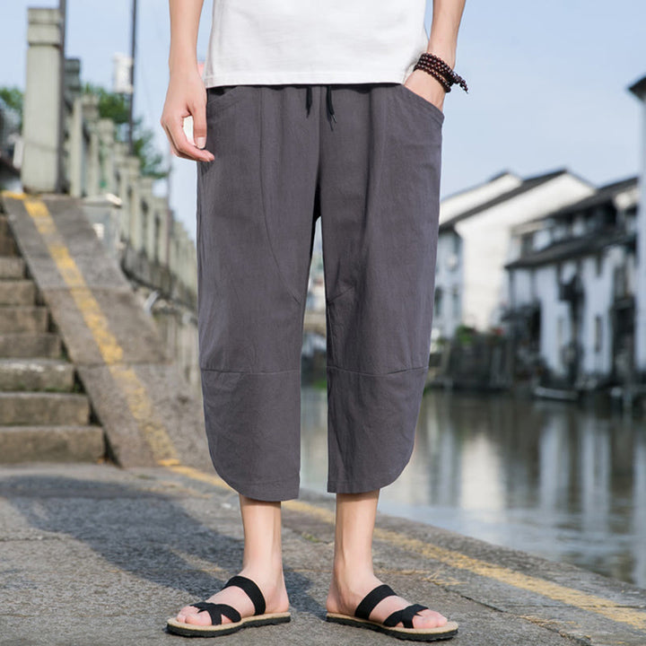 Pantaloni da uomo in lino e cotone, con coulisse, lunghezza 7-8, con tasche, modello Buddha Stones, casual, semplici e semplici, con design affusolato.