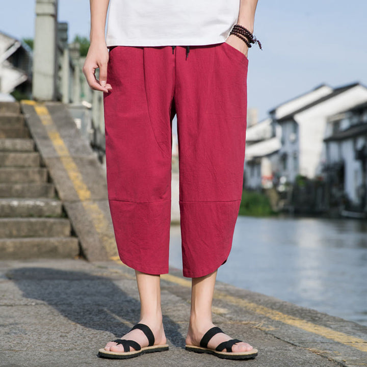 Pantaloni da uomo in lino e cotone, con coulisse, lunghezza 7-8, con tasche, modello Buddha Stones, casual, semplici e semplici, con design affusolato.