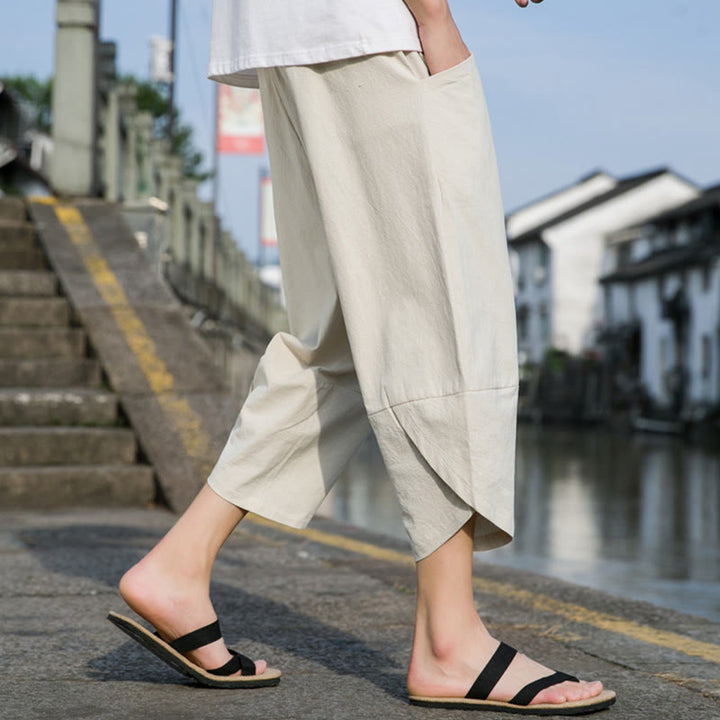 Pantaloni da uomo in lino e cotone, con coulisse, lunghezza 7-8, con tasche, modello Buddha Stones, casual, semplici e semplici, con design affusolato.