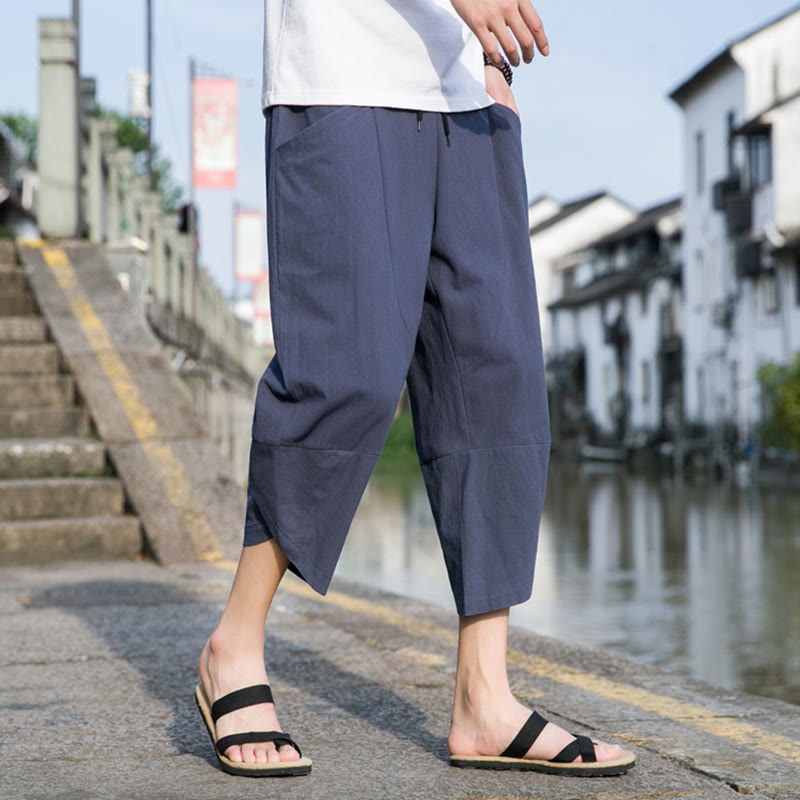 Pantaloni da uomo in lino e cotone, con coulisse, lunghezza 7-8, con tasche, modello Buddha Stones, casual, semplici e semplici, con design affusolato.