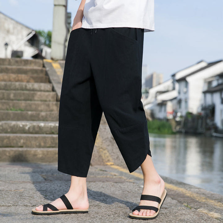 Pantaloni da uomo in lino e cotone, con coulisse, lunghezza 7-8, con tasche, modello Buddha Stones, casual, semplici e semplici, con design affusolato.