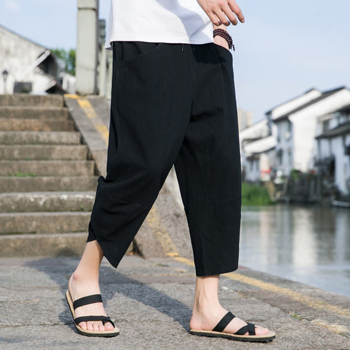 Pantaloni da uomo in lino e cotone, con coulisse, lunghezza 7-8, con tasche, modello Buddha Stones, casual, semplici e semplici, con design affusolato.
