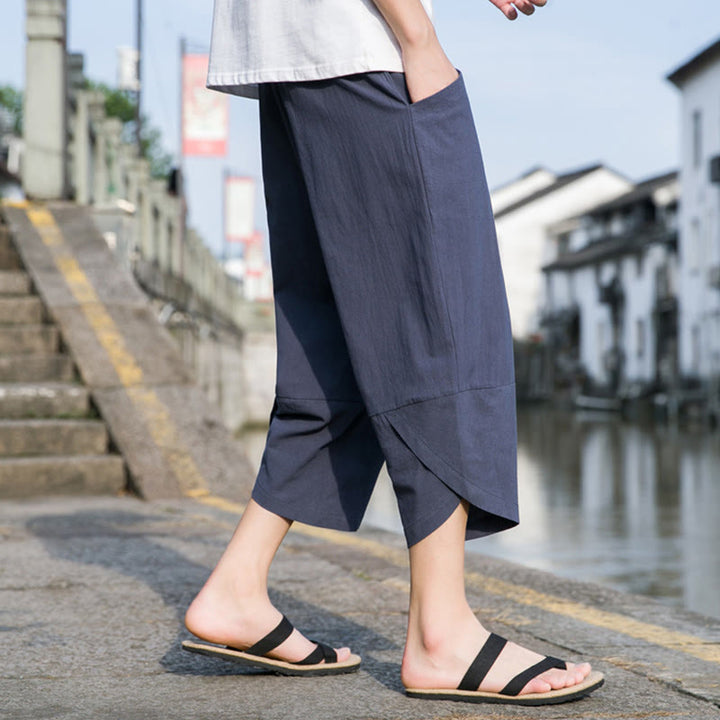 Pantaloni da uomo in lino e cotone, con coulisse, lunghezza 7-8, con tasche, modello Buddha Stones, casual, semplici e semplici, con design affusolato.