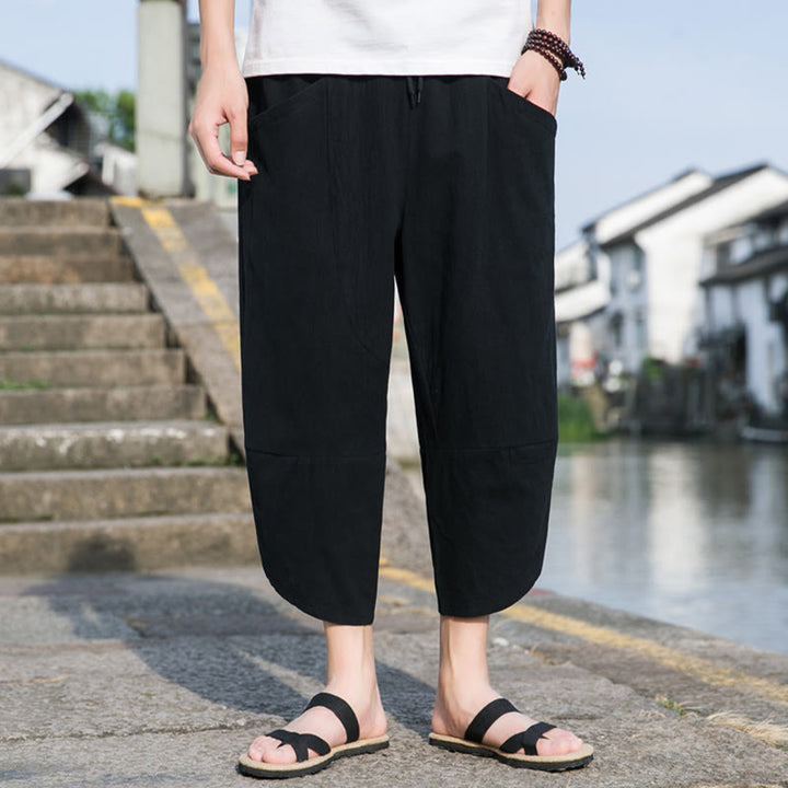 Pantaloni da uomo in lino e cotone, con coulisse, lunghezza 7-8, con tasche, modello Buddha Stones, casual, semplici e semplici, con design affusolato.