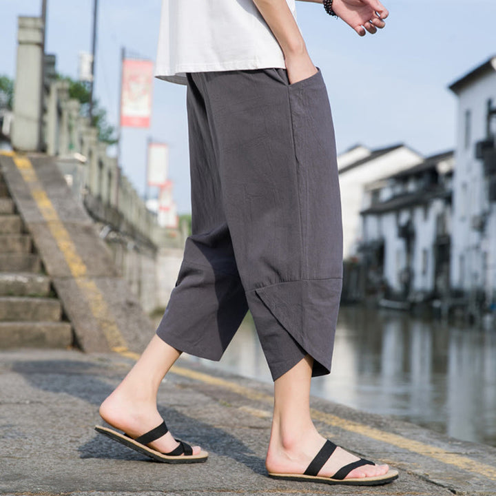 Pantaloni da uomo in lino e cotone, con coulisse, lunghezza 7-8, con tasche, modello Buddha Stones, casual, semplici e semplici, con design affusolato.